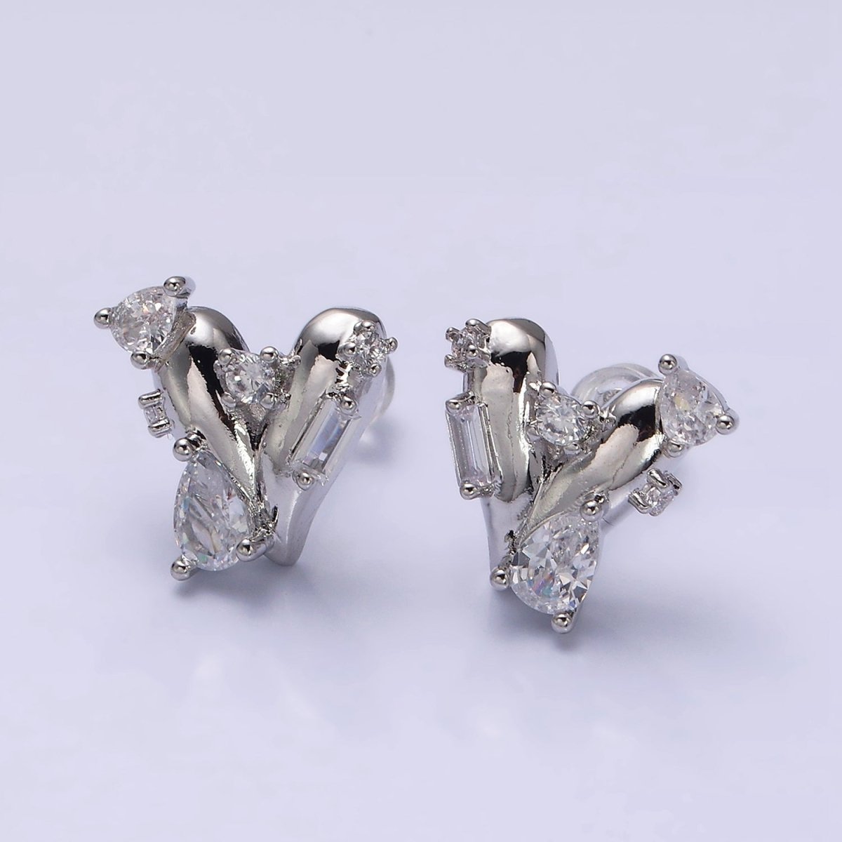 16K Gold Filled Chubby Heart Clear Baguette Teardrop CZ Stud Earrings in Gold & Silver | AD1060 AD1061