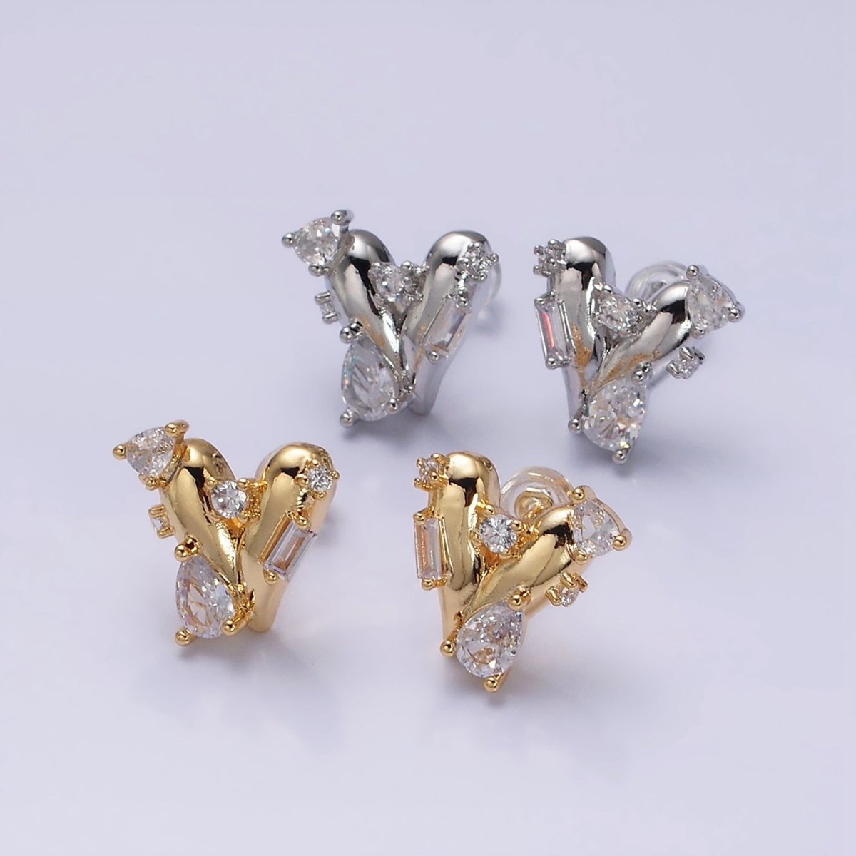 16K Gold Filled Chubby Heart Clear Baguette Teardrop CZ Stud Earrings in Gold & Silver | AD1060 AD1061