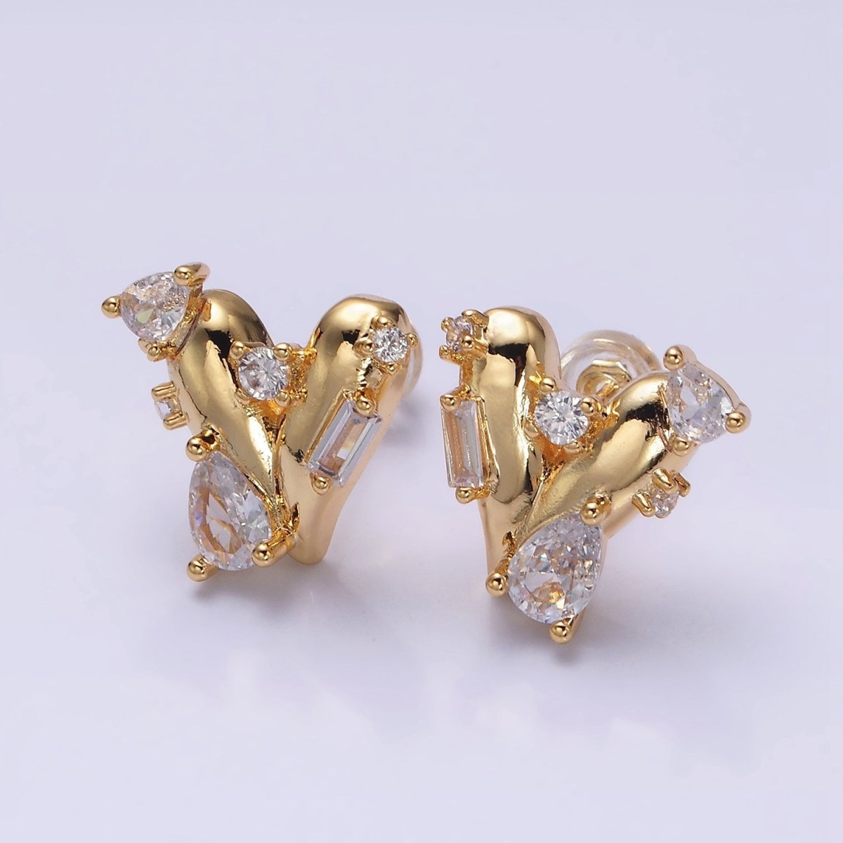 16K Gold Filled Chubby Heart Clear Baguette Teardrop CZ Stud Earrings in Gold & Silver | AD1060 AD1061