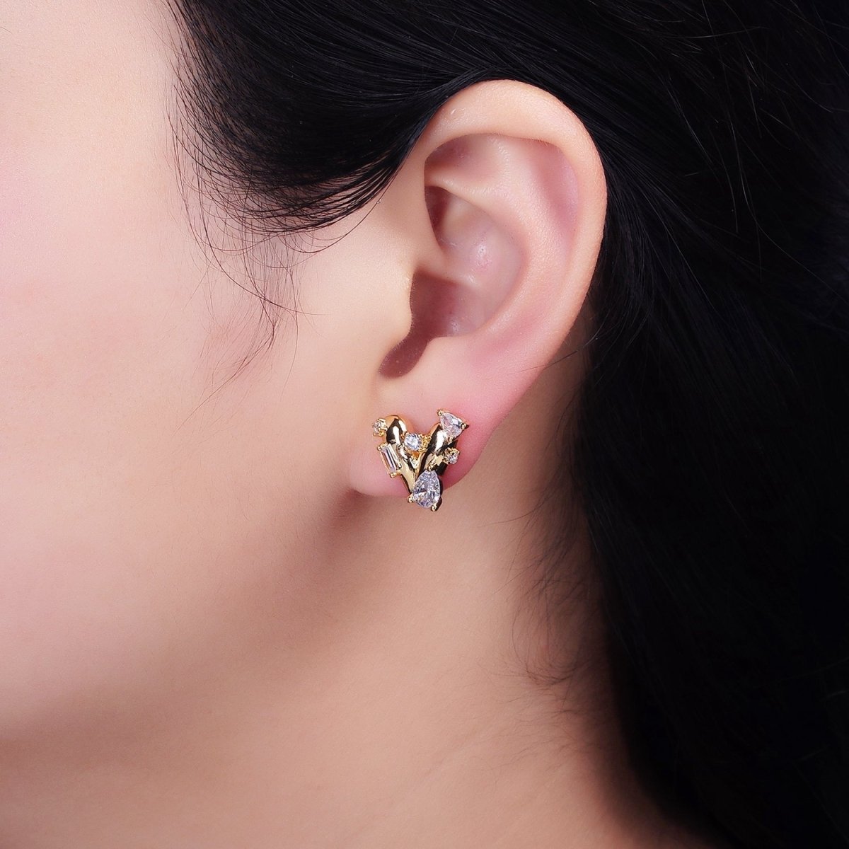 16K Gold Filled Chubby Heart Clear Baguette Teardrop CZ Stud Earrings in Gold & Silver | AD1060 AD1061