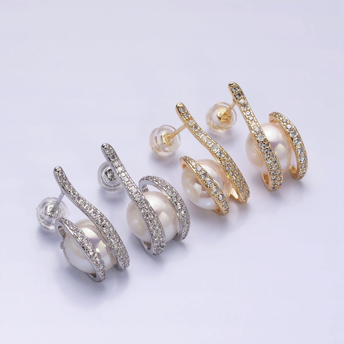 16K Gold Filled Clawed Iridescent Pearl Double Micro Paved CZ Band Stud Earrings in Gold & Silver | AD972 AD973