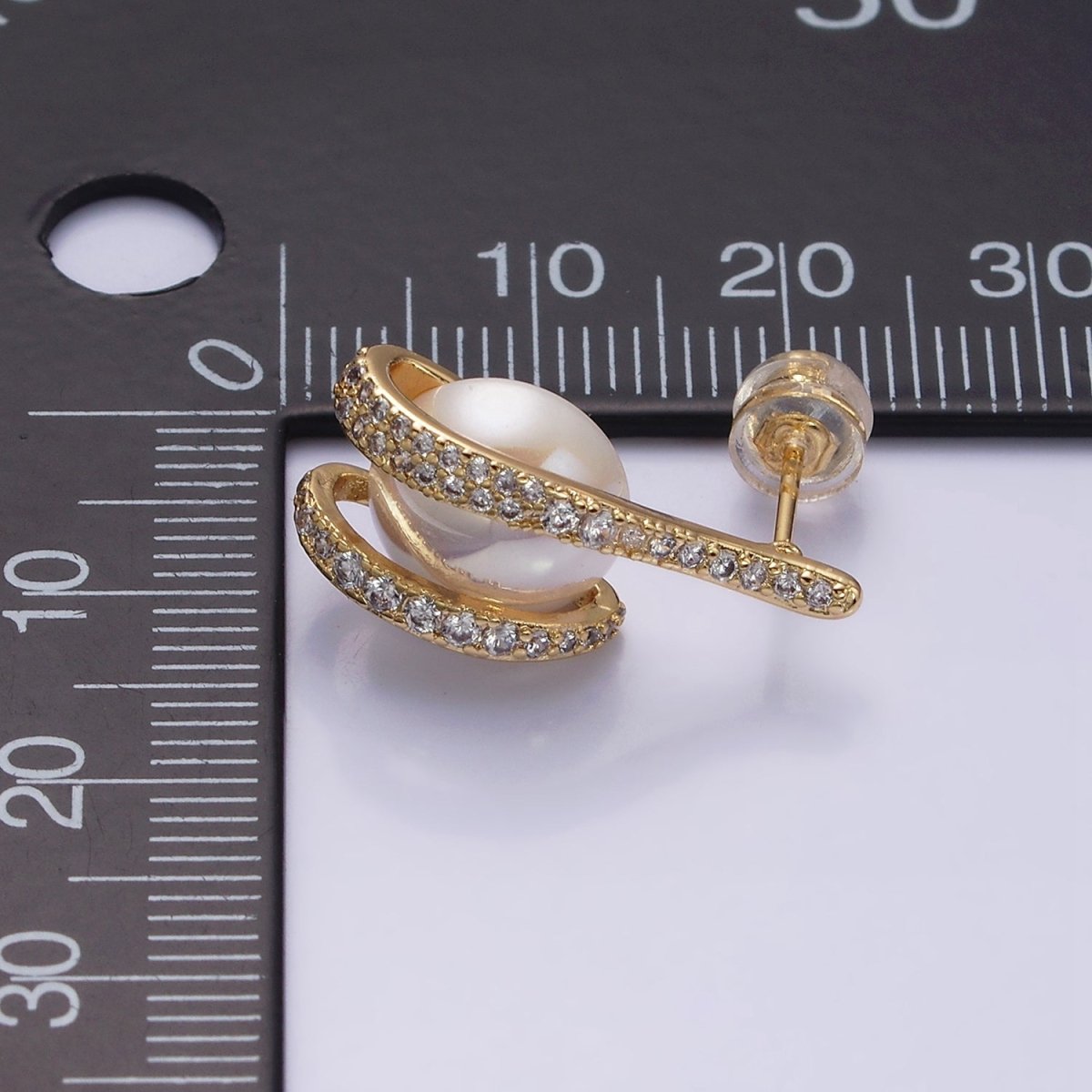 16K Gold Filled Clawed Iridescent Pearl Double Micro Paved CZ Band Stud Earrings in Gold & Silver | AD972 AD973