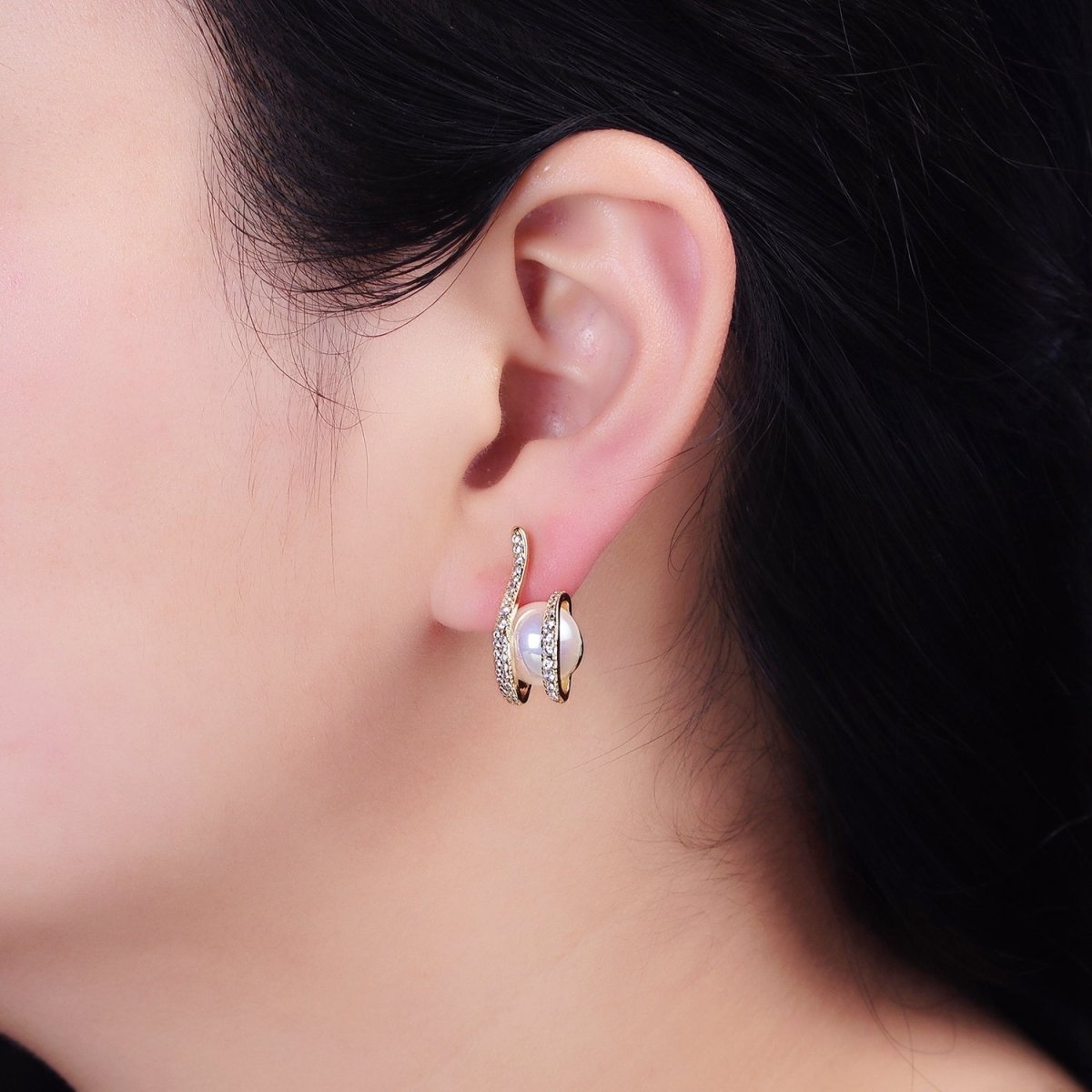 16K Gold Filled Clawed Iridescent Pearl Double Micro Paved CZ Band Stud Earrings in Gold & Silver | AD972 AD973
