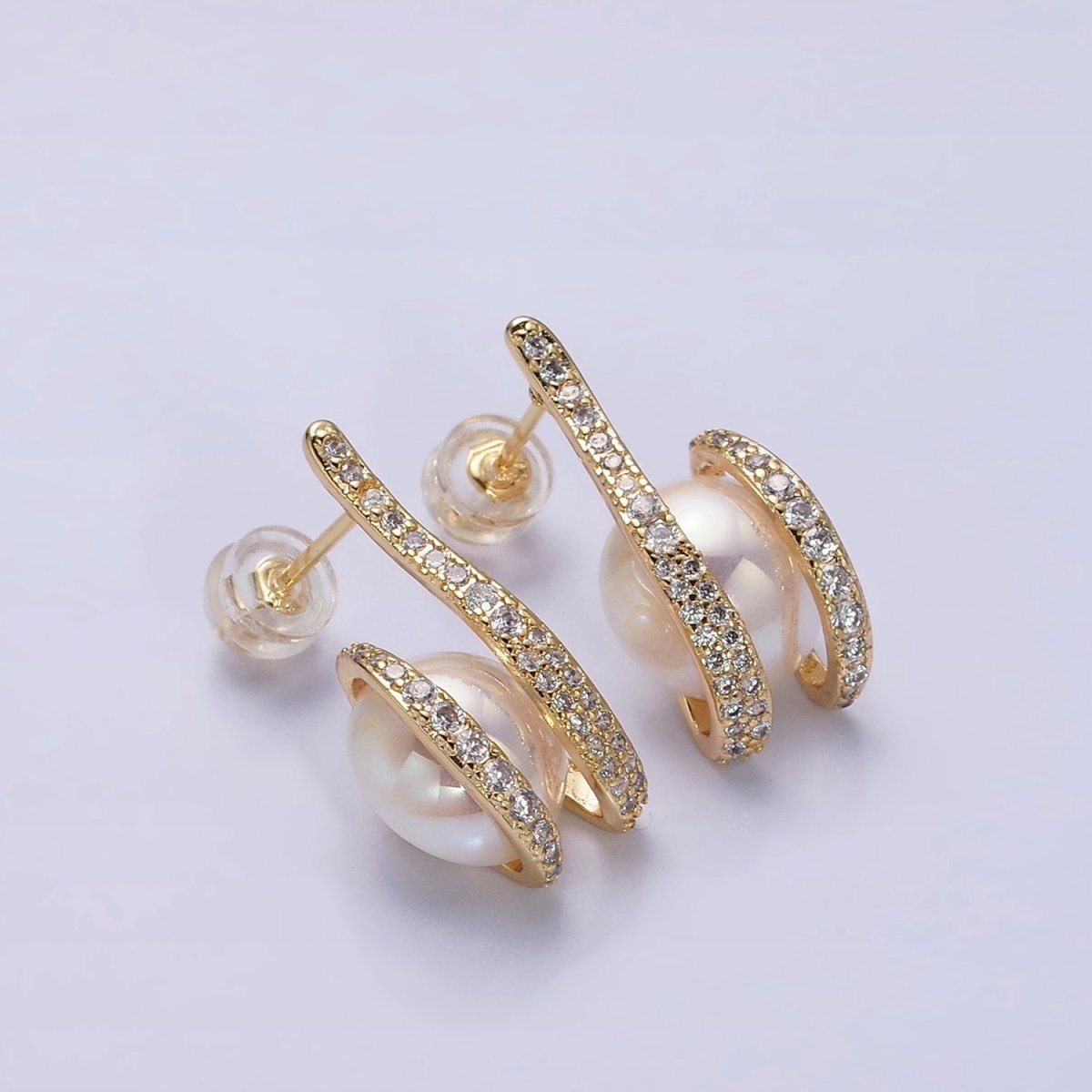 16K Gold Filled Clawed Iridescent Pearl Double Micro Paved CZ Band Stud Earrings in Gold & Silver | AD972 AD973