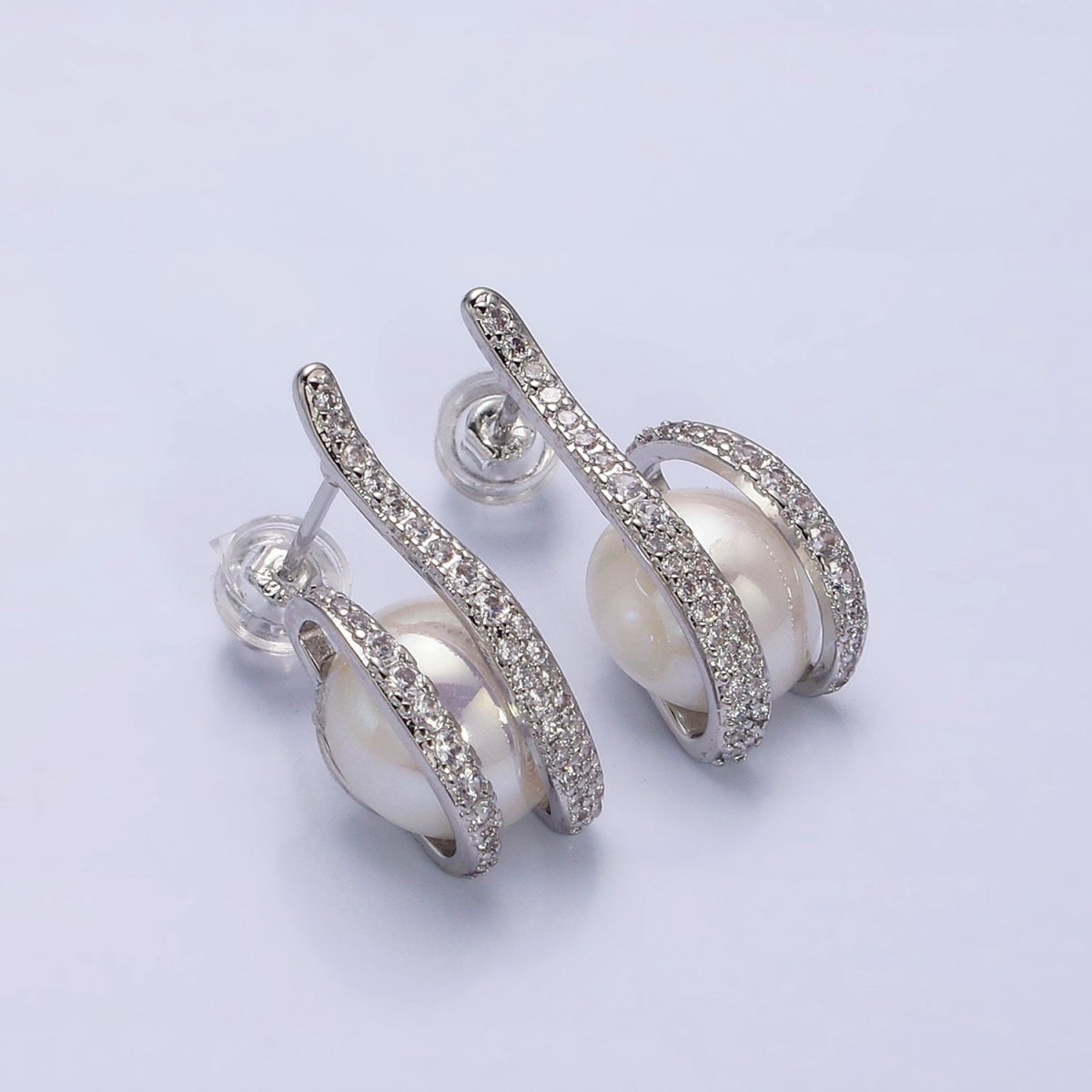 16K Gold Filled Clawed Iridescent Pearl Double Micro Paved CZ Band Stud Earrings in Gold & Silver | AD972 AD973