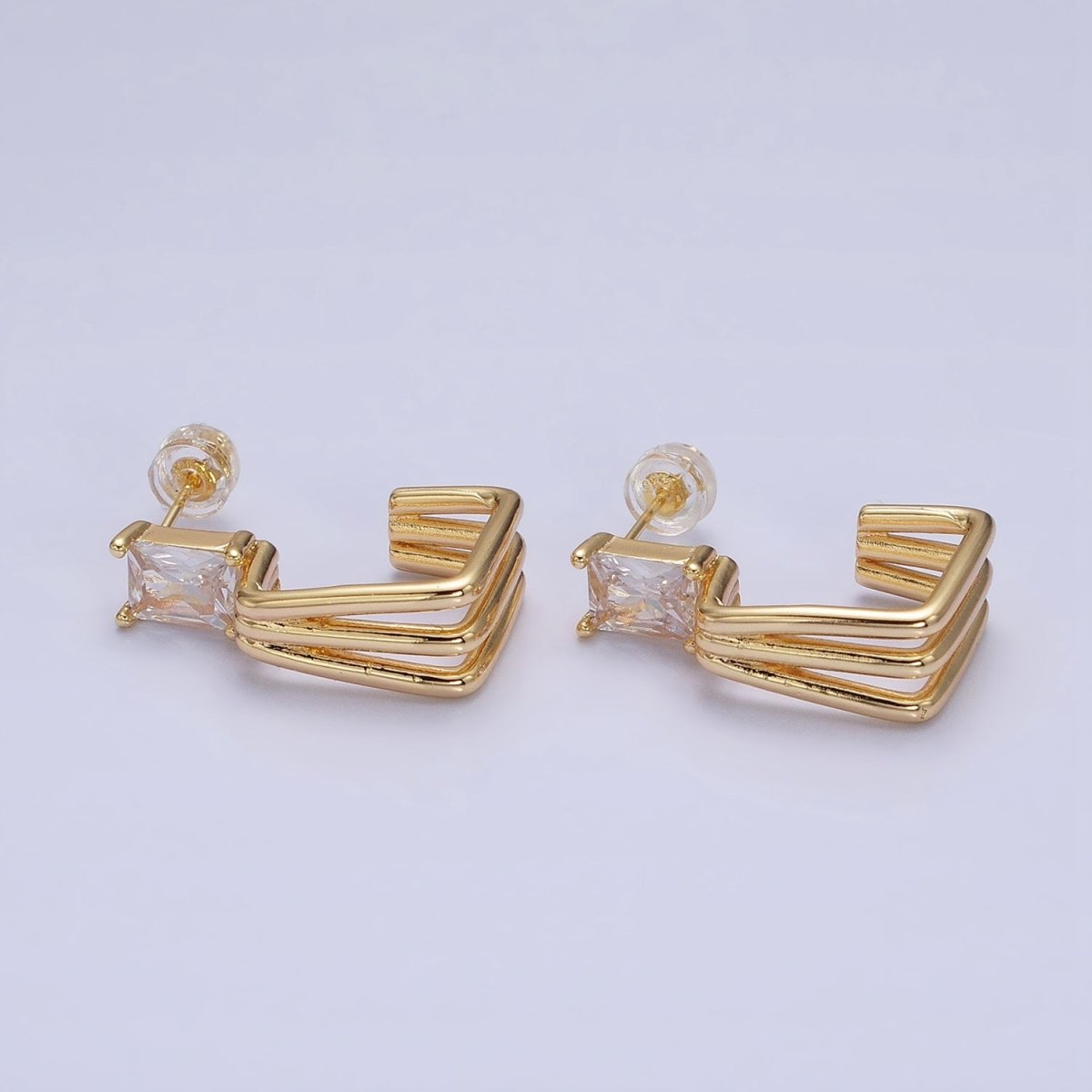 16K Gold Filled Clear Baguette CZ Triple Band J-Shaped Hoop Earrings in Gold & Silver | AD1281 AD1282