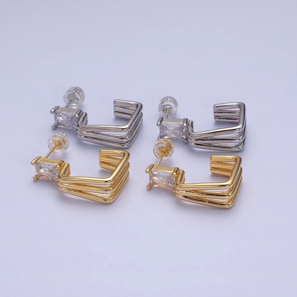 16K Gold Filled Clear Baguette CZ Triple Band J-Shaped Hoop Earrings in Gold & Silver | AD1281 AD1282