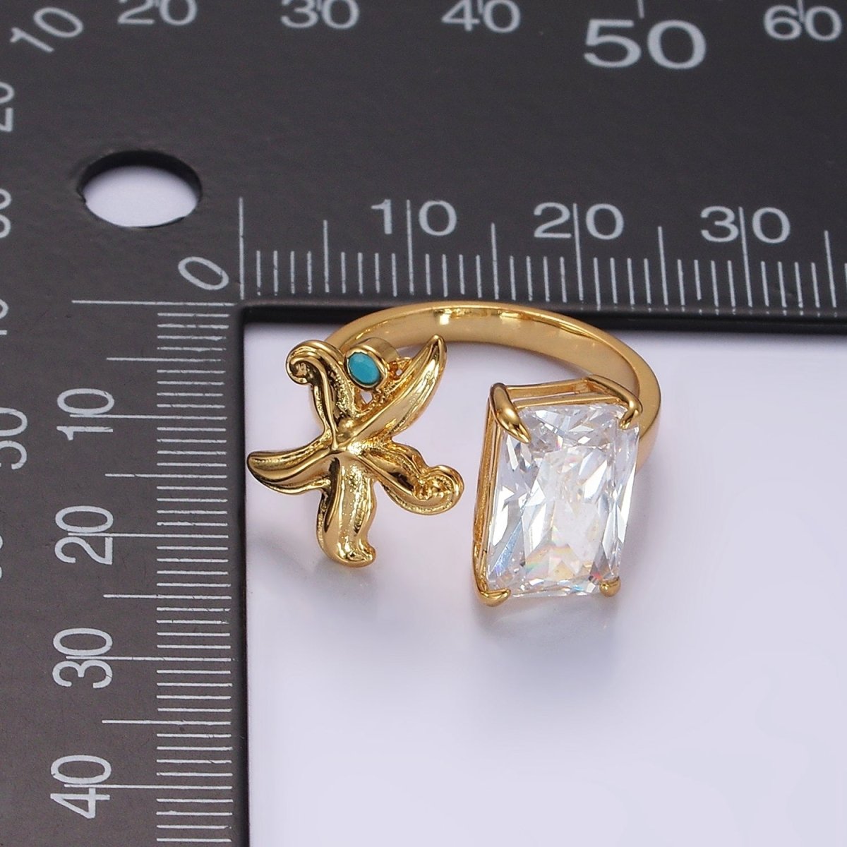 16K Gold Filled Clear Baguette CZ Turquoise Starfish Open Claw Ring | O1058