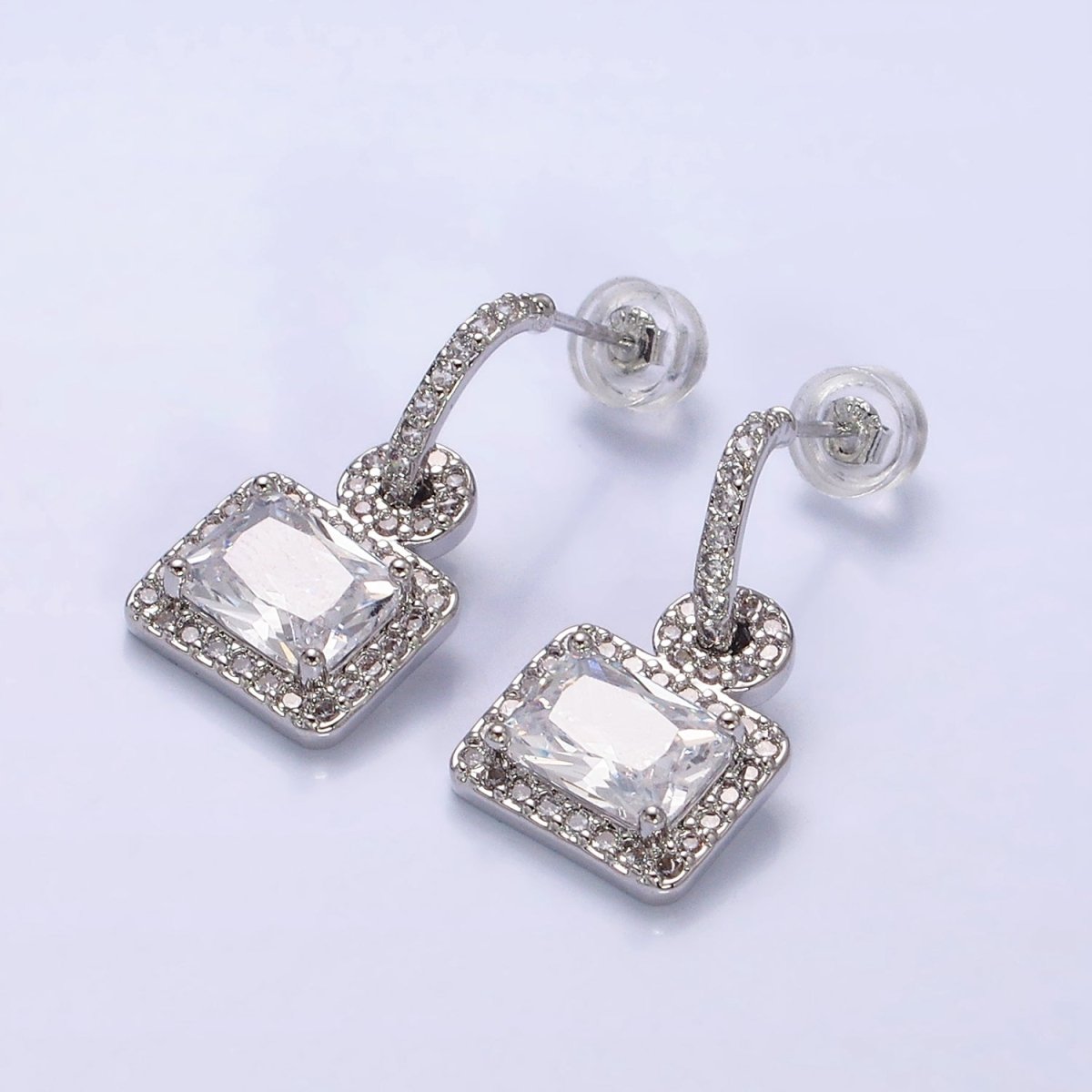 16K Gold Filled Clear Baguette Drop Micro Paved C-Shaped Hoop Earrings in Gold & Silver | AD1088 AD1089
