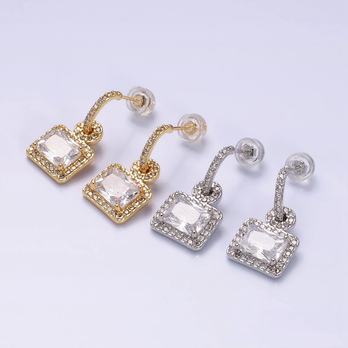 16K Gold Filled Clear Baguette Drop Micro Paved C-Shaped Hoop Earrings in Gold & Silver | AD1088 AD1089