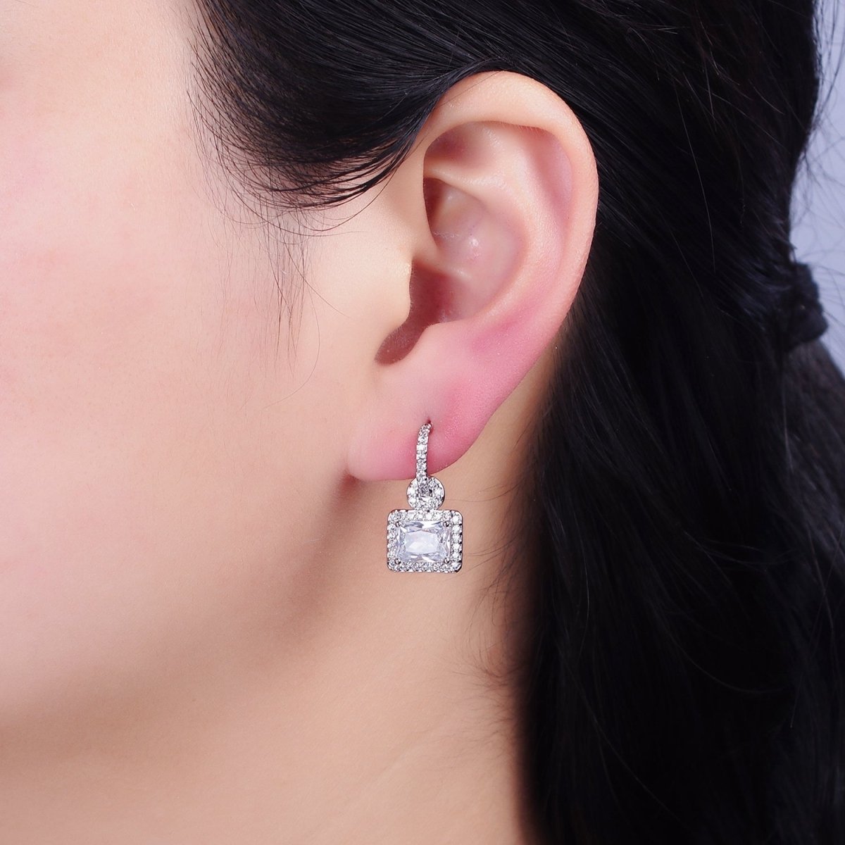 16K Gold Filled Clear Baguette Drop Micro Paved C-Shaped Hoop Earrings in Gold & Silver | AD1088 AD1089