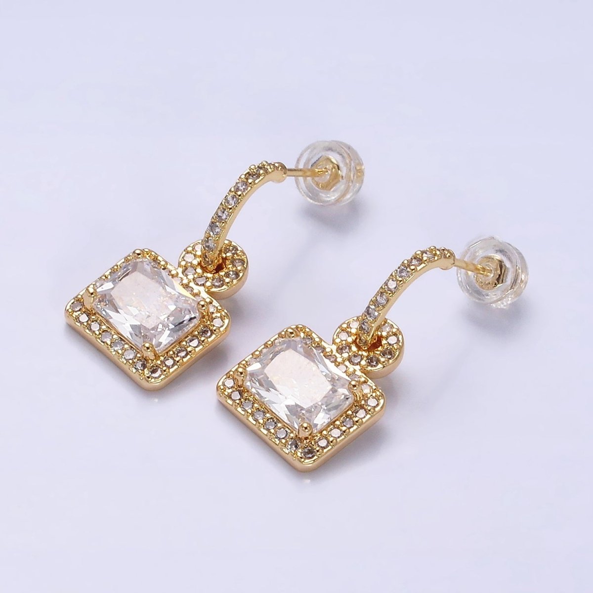 16K Gold Filled Clear Baguette Drop Micro Paved C-Shaped Hoop Earrings in Gold & Silver | AD1088 AD1089