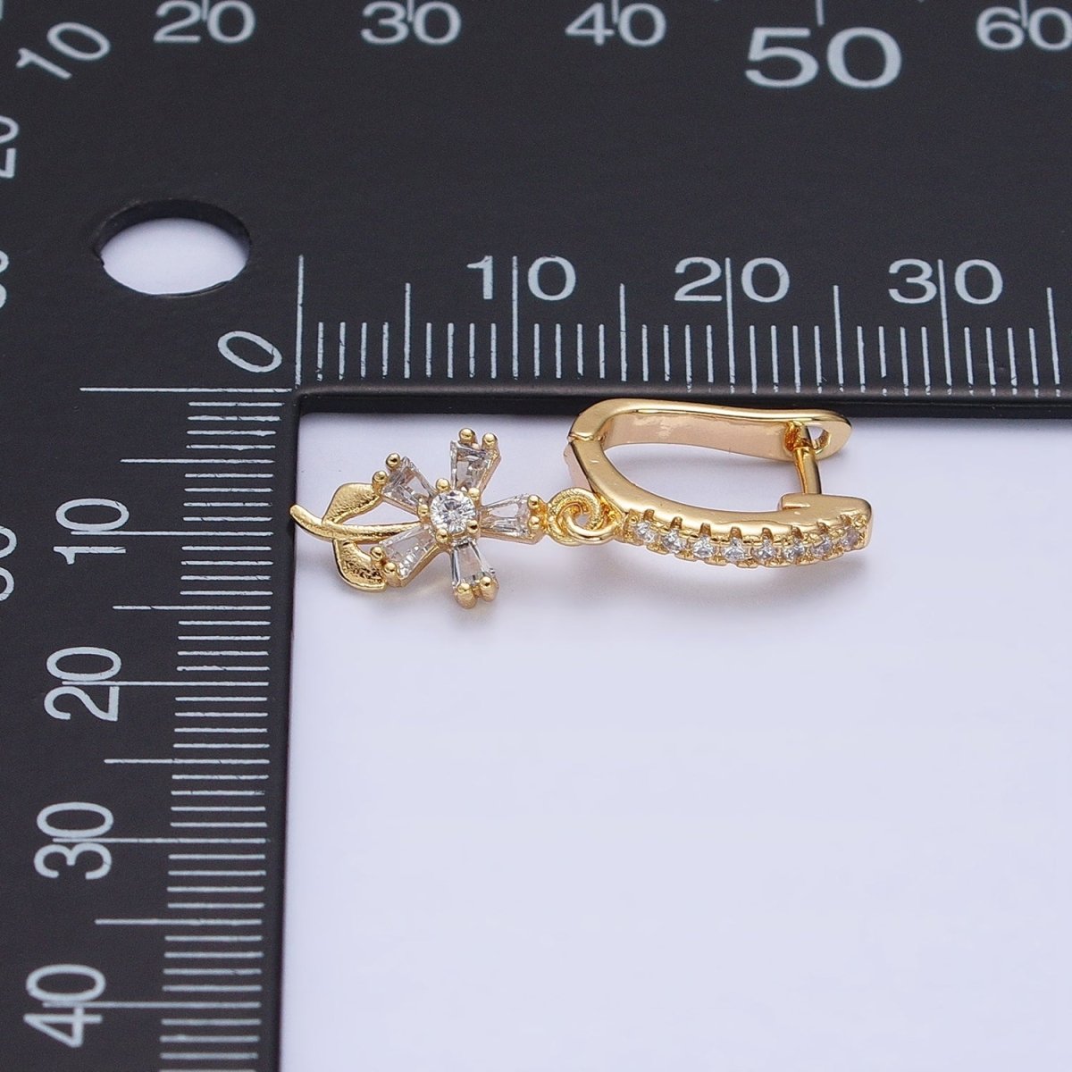 16K Gold Filled Clear Baguette Flower Plant Drop Micro Paved CZ English Lock Earrings in Gold & Silver | AD1283 AD1284