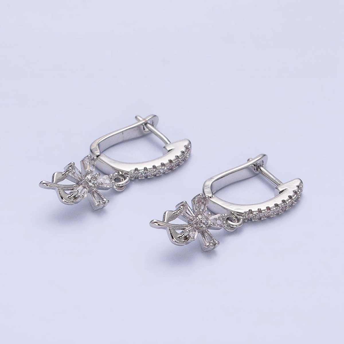 16K Gold Filled Clear Baguette Flower Plant Drop Micro Paved CZ English Lock Earrings in Gold & Silver | AD1283 AD1284