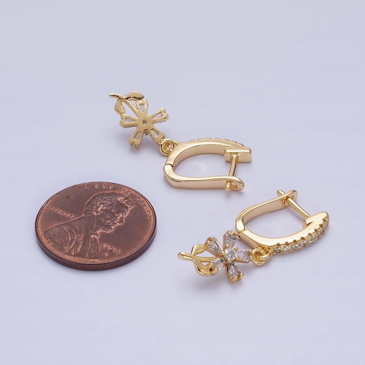 16K Gold Filled Clear Baguette Flower Plant Drop Micro Paved CZ English Lock Earrings in Gold & Silver | AD1283 AD1284