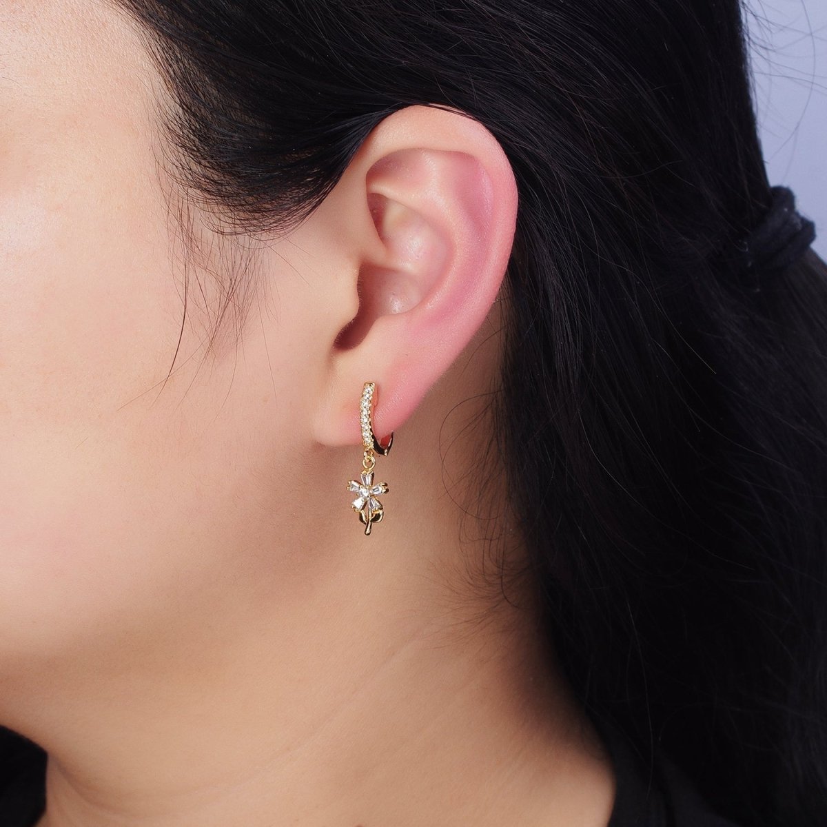 16K Gold Filled Clear Baguette Flower Plant Drop Micro Paved CZ English Lock Earrings in Gold & Silver | AD1283 AD1284