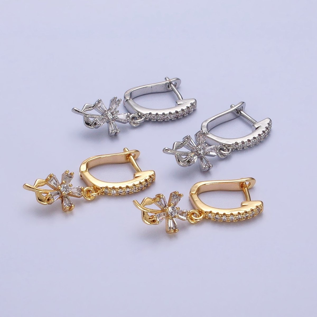 16K Gold Filled Clear Baguette Flower Plant Drop Micro Paved CZ English Lock Earrings in Gold & Silver | AD1283 AD1284