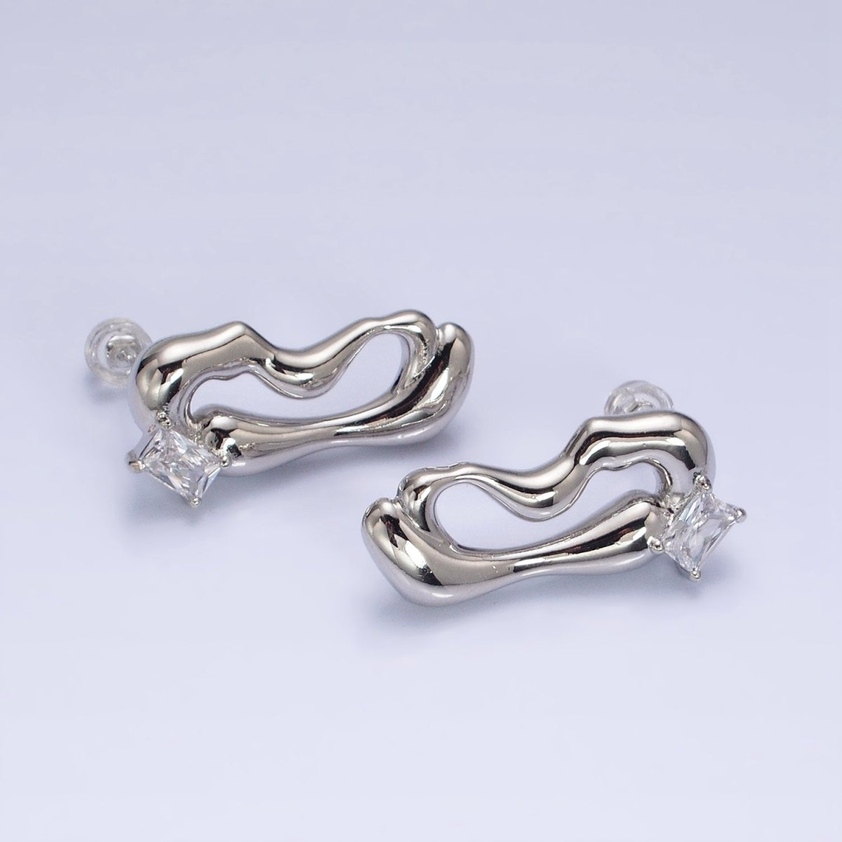 16K Gold Filled Clear Baguette Geometric Abstract Open Oblong Stud Earrings | AD1149 AD1150