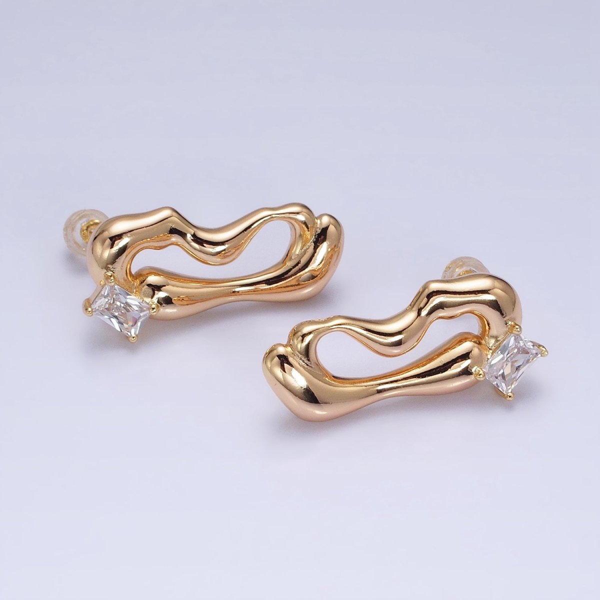 16K Gold Filled Clear Baguette Geometric Abstract Open Oblong Stud Earrings | AD1149 AD1150