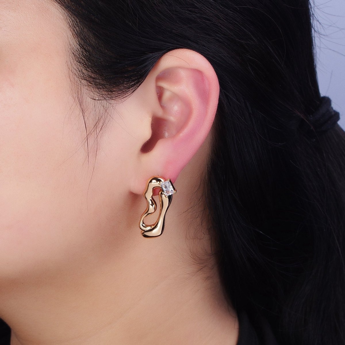 16K Gold Filled Clear Baguette Geometric Abstract Open Oblong Stud Earrings | AD1149 AD1150