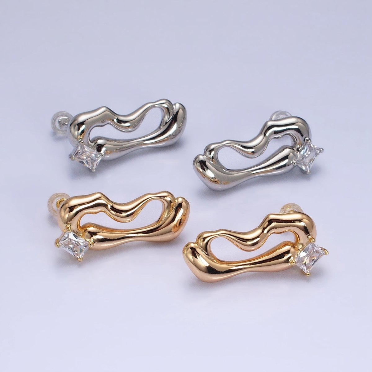 16K Gold Filled Clear Baguette Geometric Abstract Open Oblong Stud Earrings | AD1149 AD1150