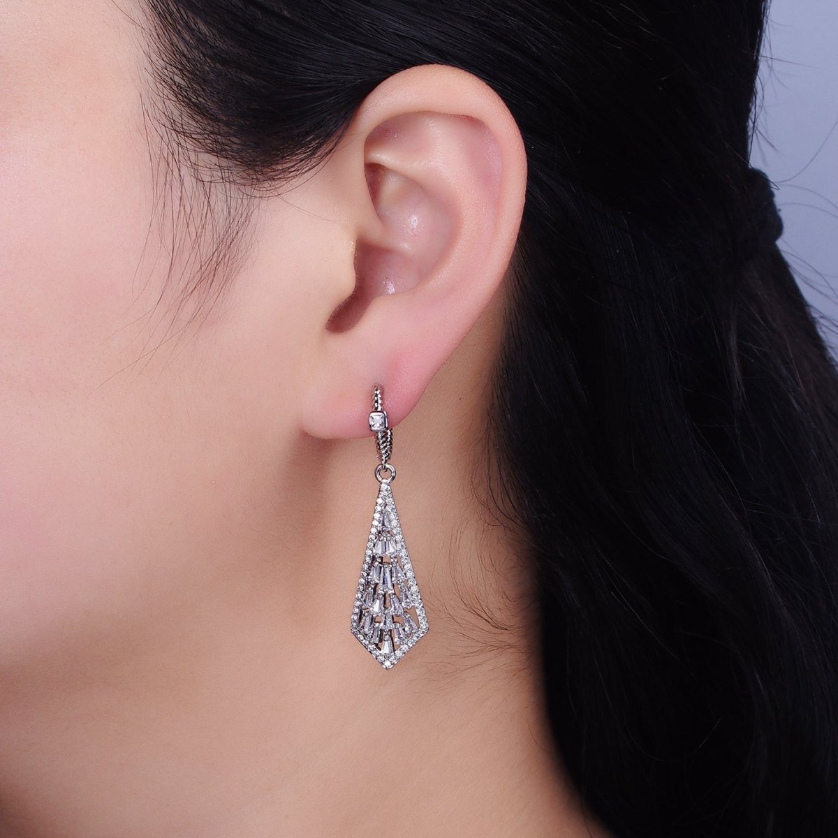 16K Gold Filled Clear Baguette Geometric Drop Twisted Square CZ Huggie Earrings in Gold & Silver | AD1183 AD1184