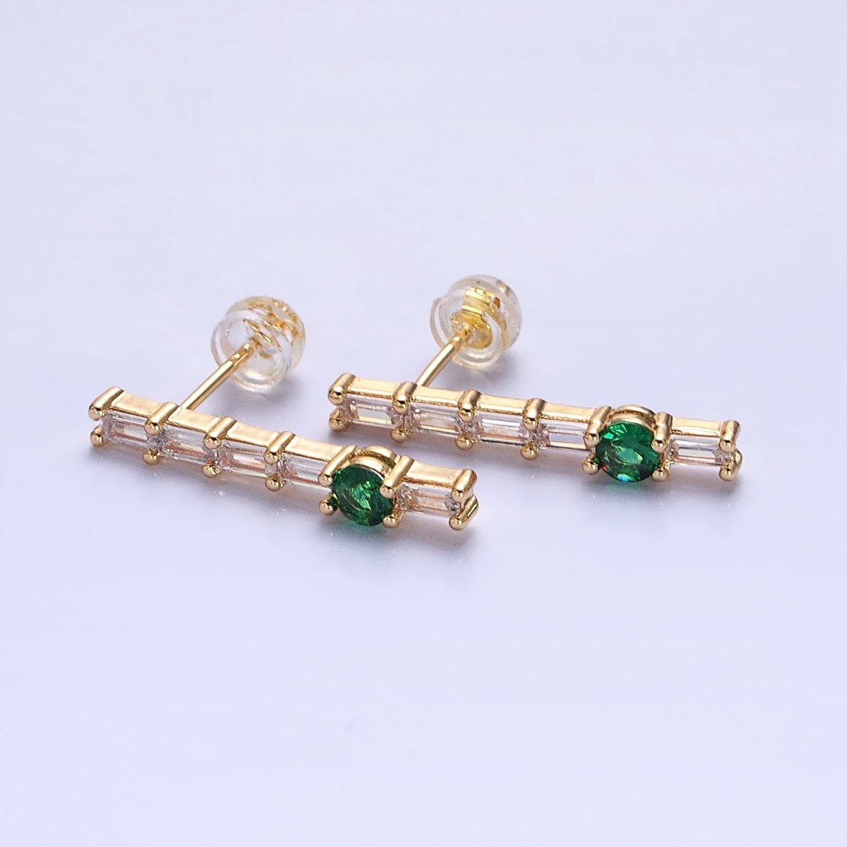 16K Gold Filled Clear Baguette Green Round CZ Linear Drop Stud Earrings in Gold & Silver | AB888 AB889