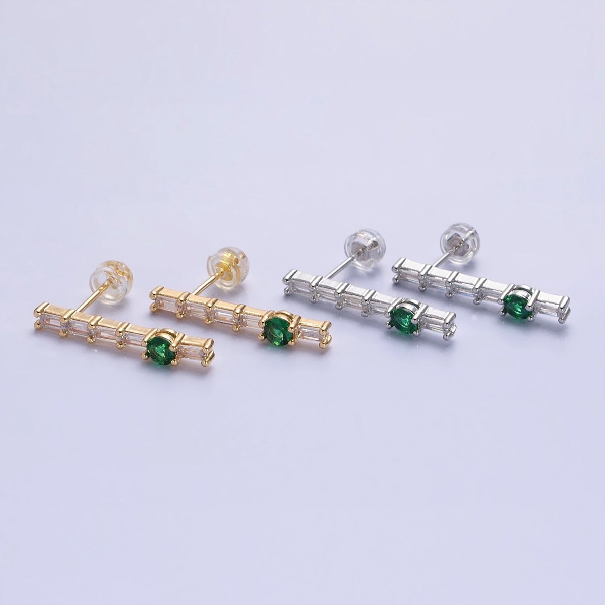 16K Gold Filled Clear Baguette Green Round CZ Linear Drop Stud Earrings in Gold & Silver | AB888 AB889