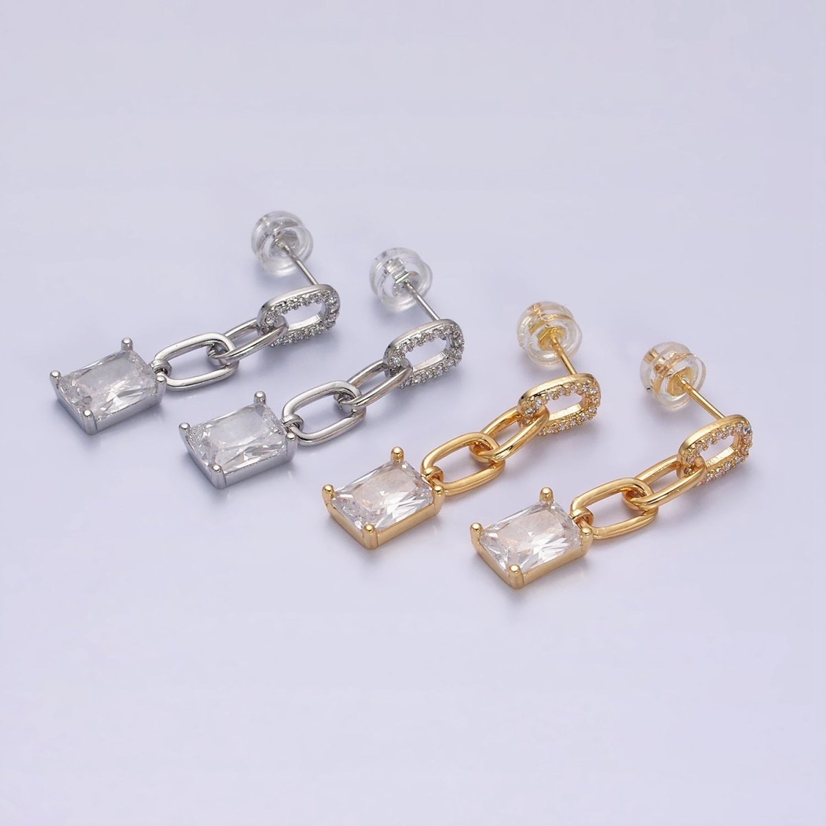16K Gold Filled Clear Baguette Micro Paved CZ Cable Paperclip Link Drop Stud Earrings in Gold & Silver | AD-413 AD-414