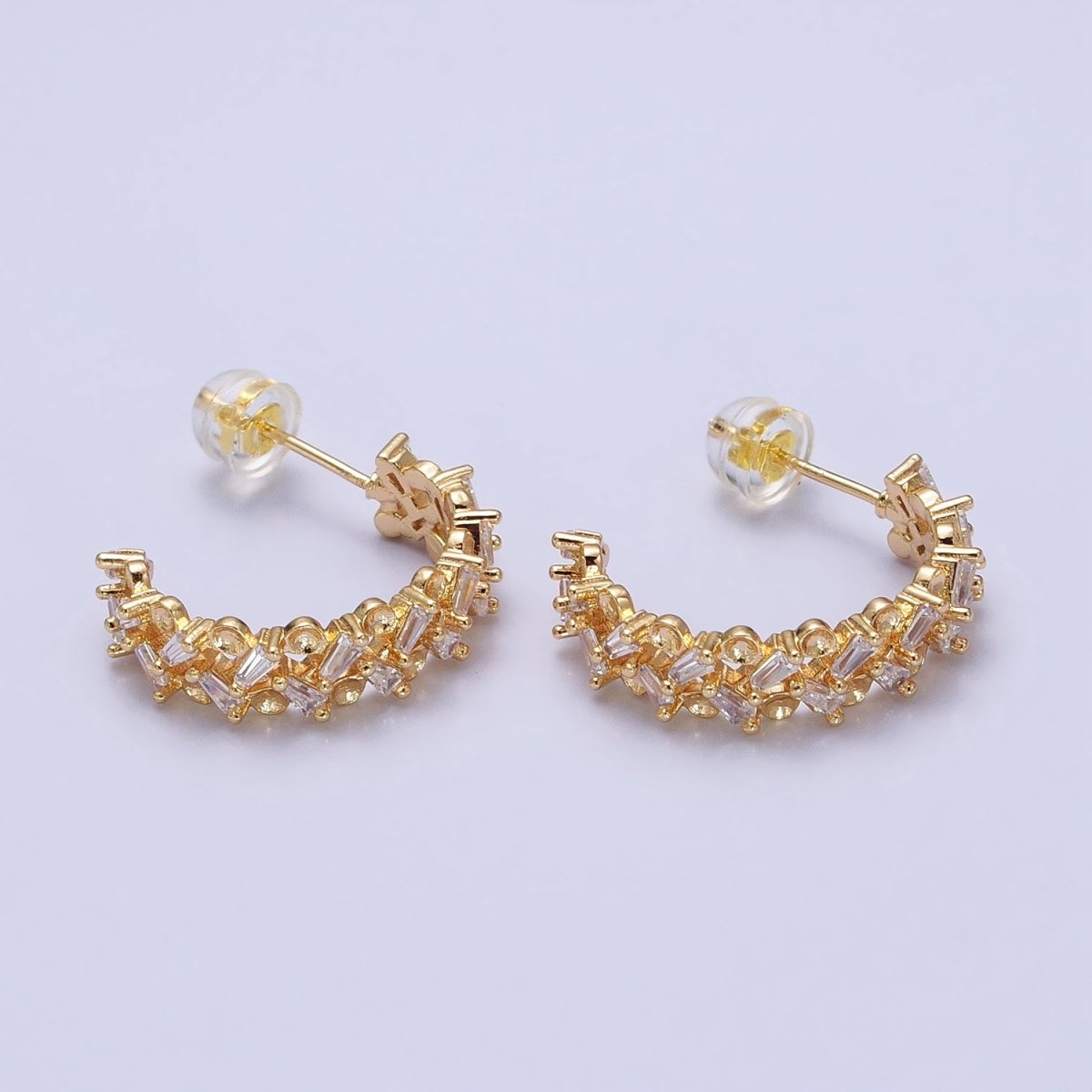 16K Gold Filled Clear Baguette Zig-Zag Lined 20mm C-Shaped Hoop Earrings in Gold & Silver | AB508 AB514