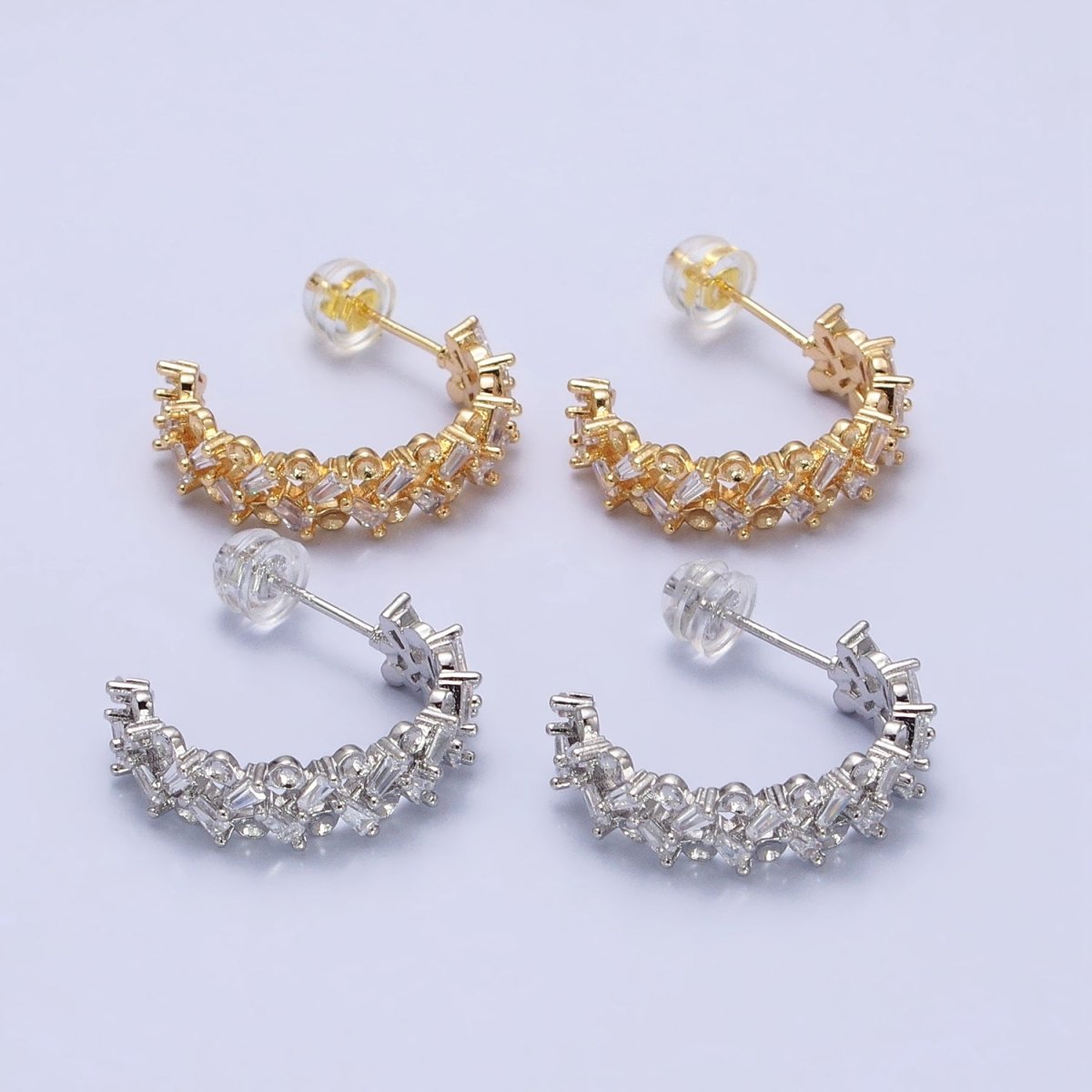 16K Gold Filled Clear Baguette Zig-Zag Lined 20mm C-Shaped Hoop Earrings in Gold & Silver | AB508 AB514