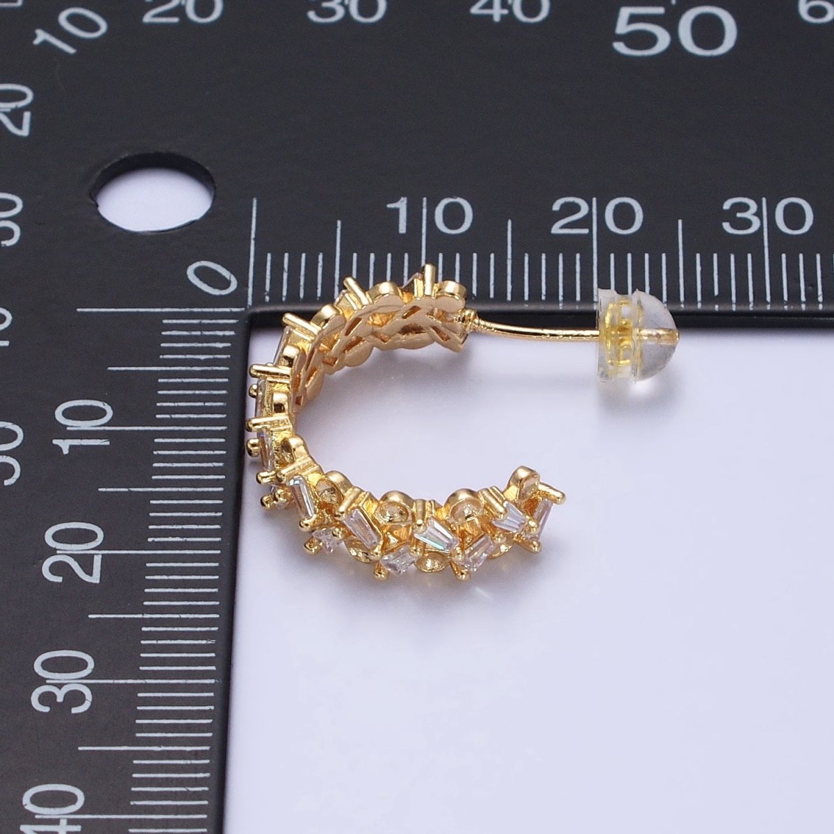 16K Gold Filled Clear Baguette Zig-Zag Lined 20mm C-Shaped Hoop Earrings in Gold & Silver | AB508 AB514