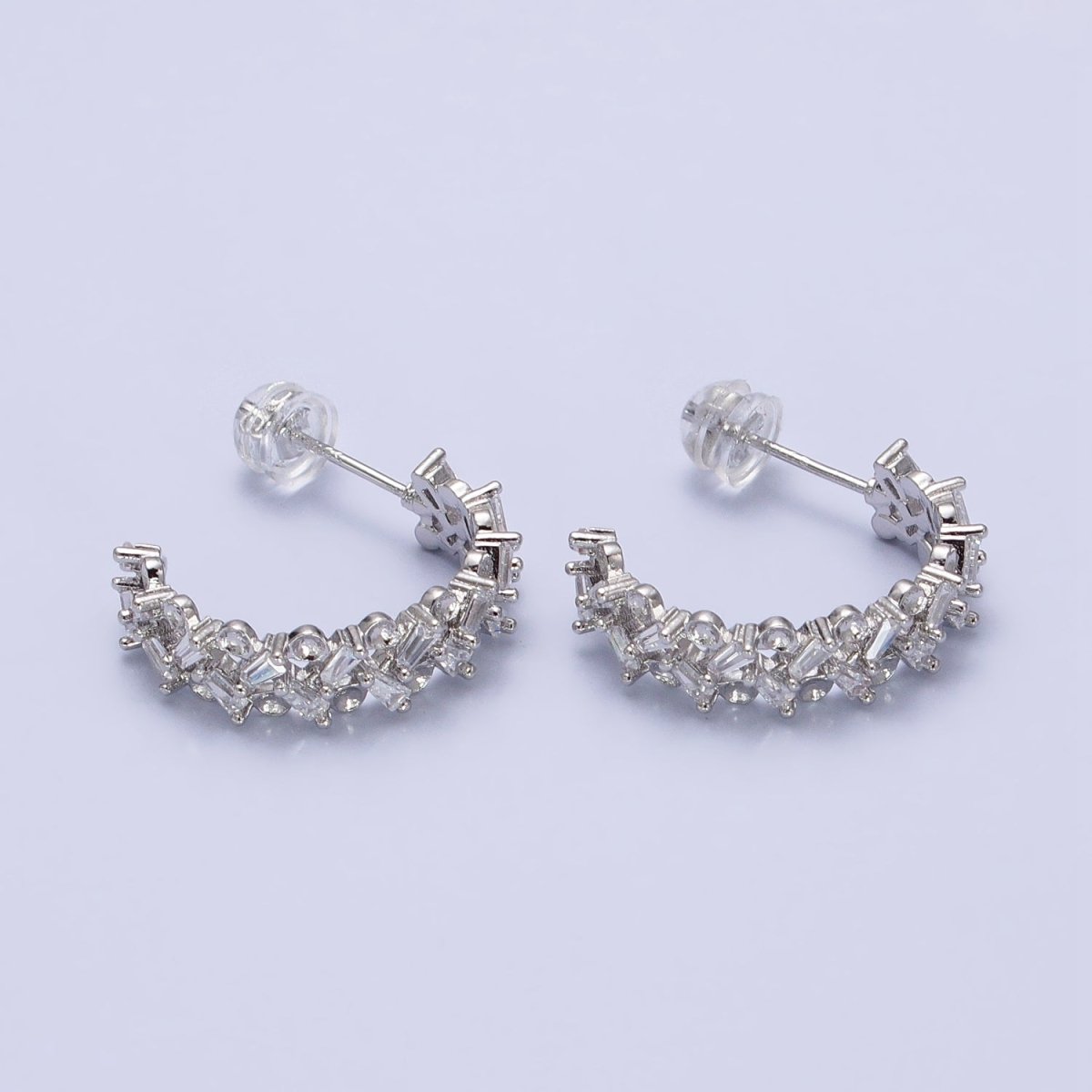16K Gold Filled Clear Baguette Zig-Zag Lined 20mm C-Shaped Hoop Earrings in Gold & Silver | AB508 AB514