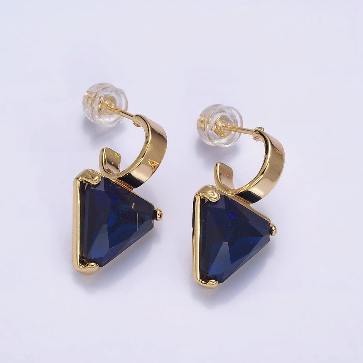 16K Gold Filled Clear, Blue, Red, Purple, Green, Pink CZ Triangle Drop C-Shaped Hoop Earrings in Gold & Silver | AD1026 - AD1037