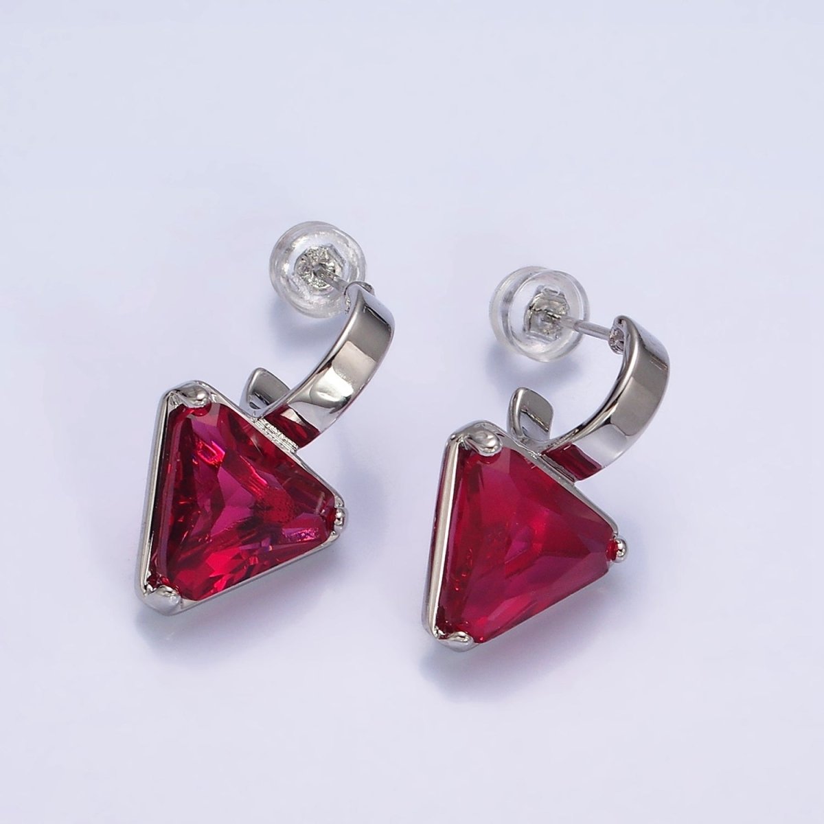 16K Gold Filled Clear, Blue, Red, Purple, Green, Pink CZ Triangle Drop C-Shaped Hoop Earrings in Gold & Silver | AD1026 - AD1037