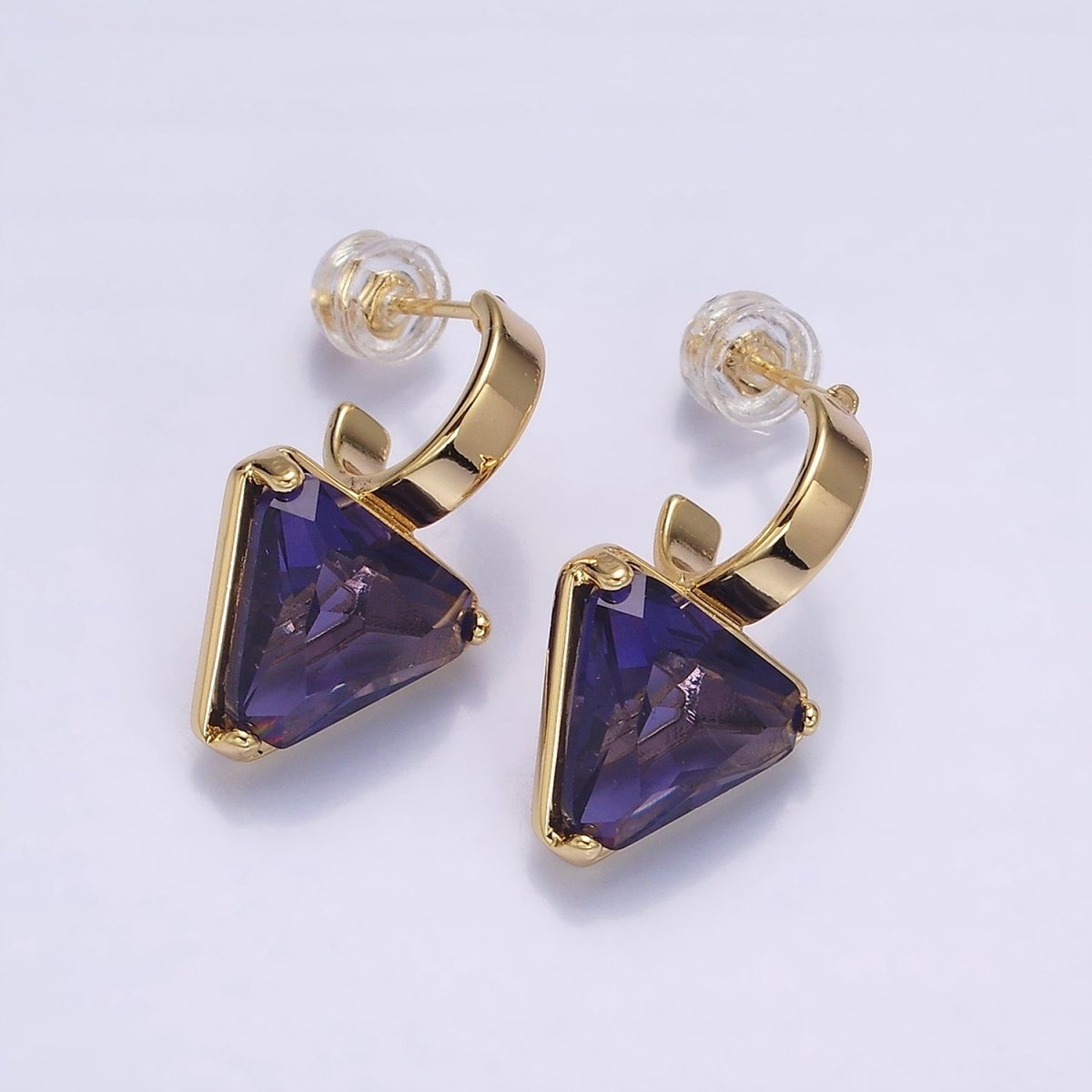 16K Gold Filled Clear, Blue, Red, Purple, Green, Pink CZ Triangle Drop C-Shaped Hoop Earrings in Gold & Silver | AD1026 - AD1037