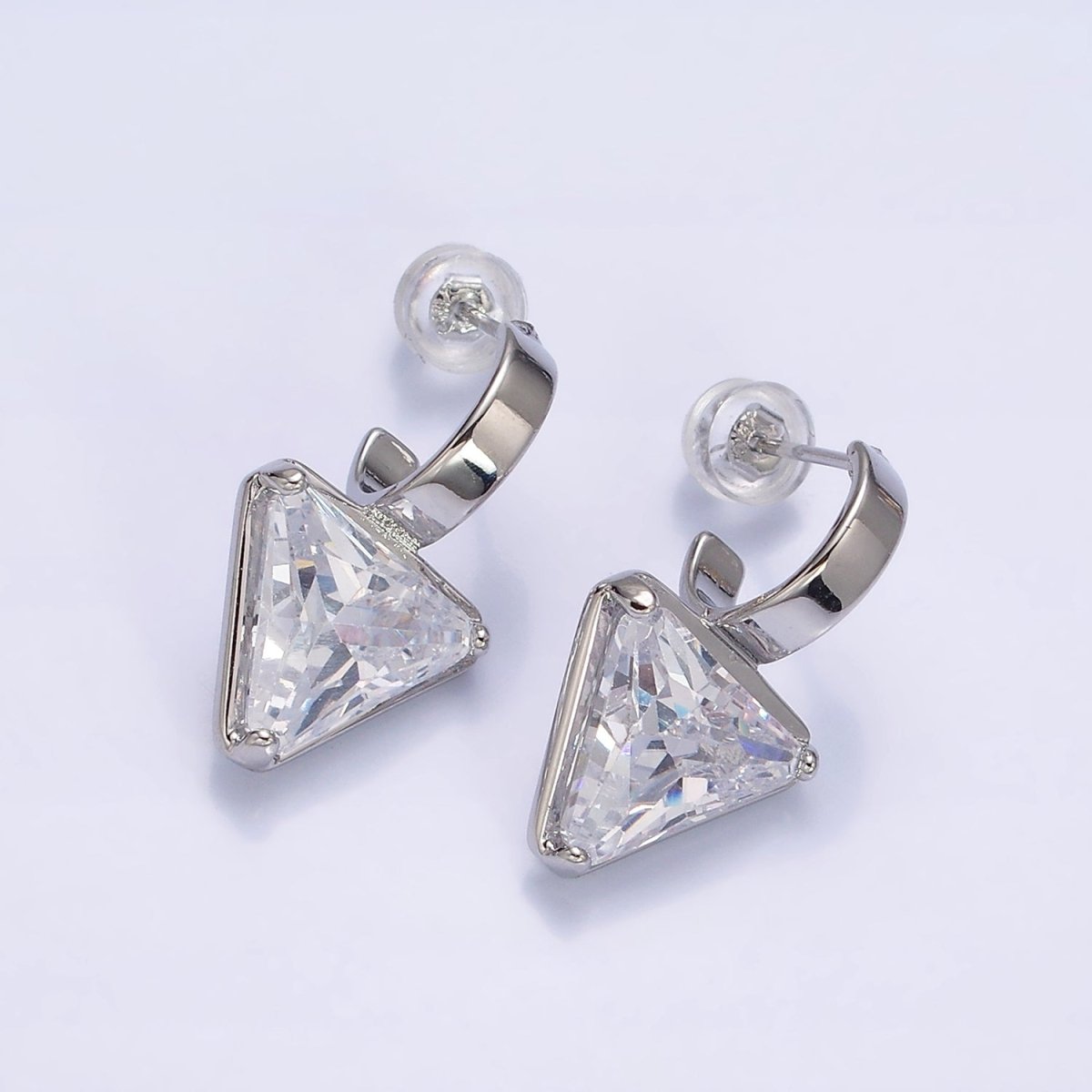 16K Gold Filled Clear, Blue, Red, Purple, Green, Pink CZ Triangle Drop C-Shaped Hoop Earrings in Gold & Silver | AD1026 - AD1037