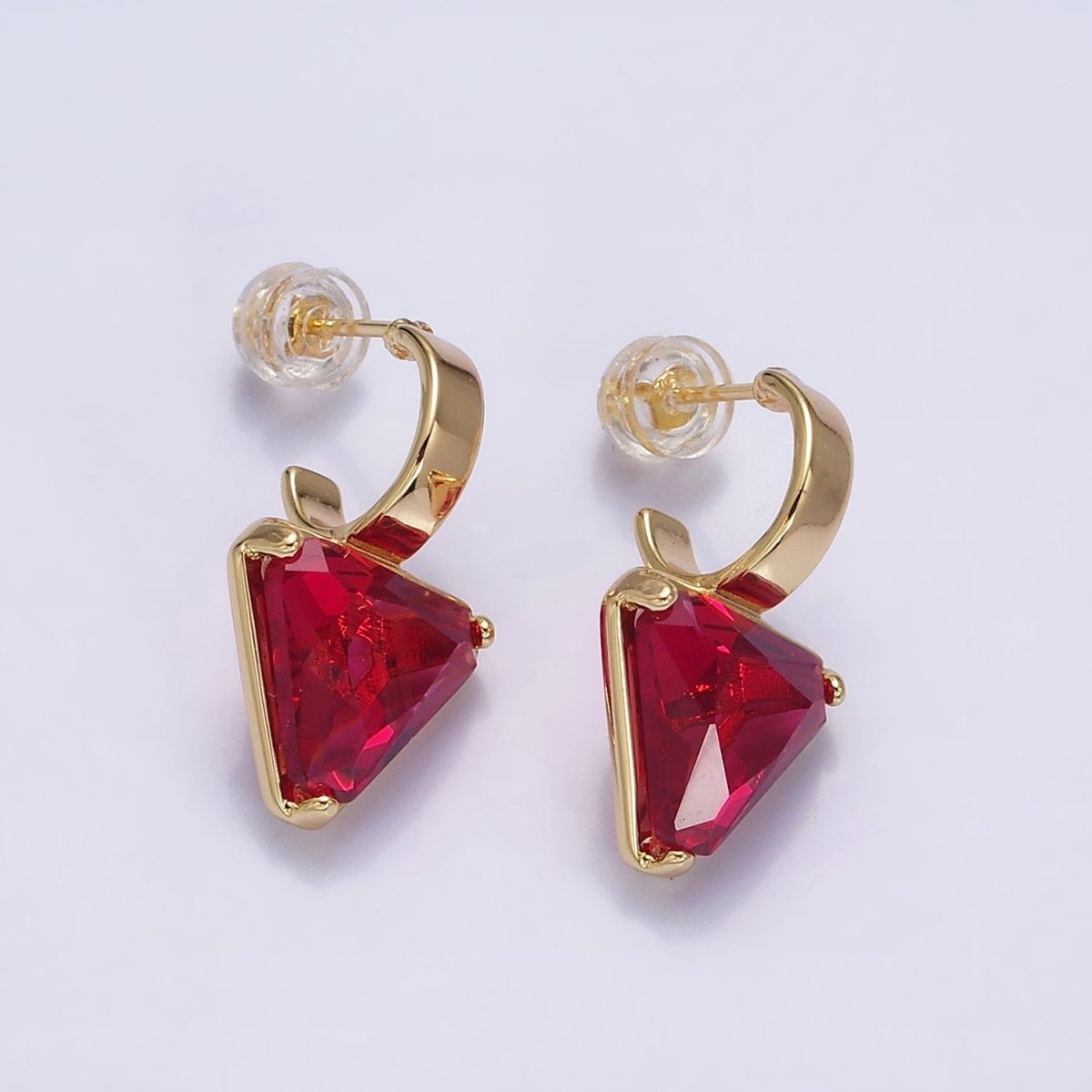 16K Gold Filled Clear, Blue, Red, Purple, Green, Pink CZ Triangle Drop C-Shaped Hoop Earrings in Gold & Silver | AD1026 - AD1037