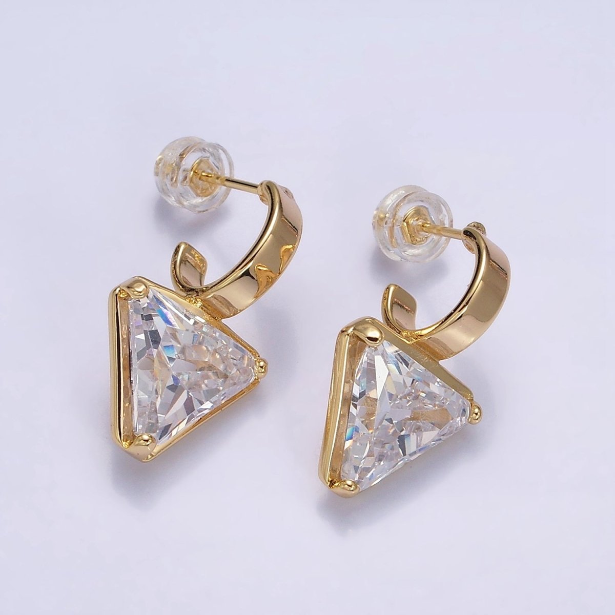 16K Gold Filled Clear, Blue, Red, Purple, Green, Pink CZ Triangle Drop C-Shaped Hoop Earrings in Gold & Silver | AD1026 - AD1037