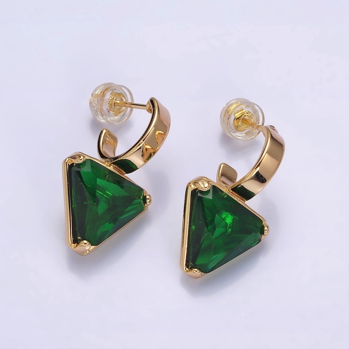 16K Gold Filled Clear, Blue, Red, Purple, Green, Pink CZ Triangle Drop C-Shaped Hoop Earrings in Gold & Silver | AD1026 - AD1037