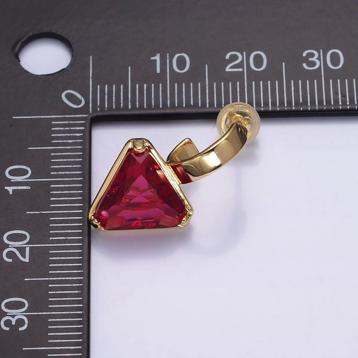 16K Gold Filled Clear, Blue, Red, Purple, Green, Pink CZ Triangle Drop C-Shaped Hoop Earrings in Gold & Silver | AD1026 - AD1037