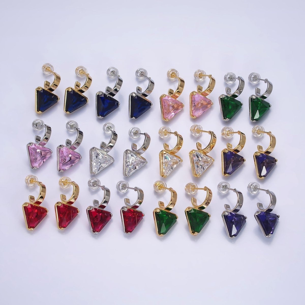 16K Gold Filled Clear, Blue, Red, Purple, Green, Pink CZ Triangle Drop C-Shaped Hoop Earrings in Gold & Silver | AD1026 - AD1037