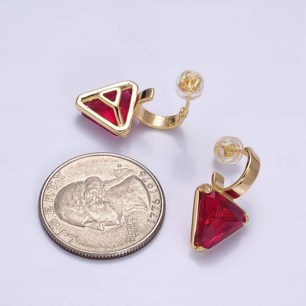 16K Gold Filled Clear, Blue, Red, Purple, Green, Pink CZ Triangle Drop C-Shaped Hoop Earrings in Gold & Silver | AD1026 - AD1037