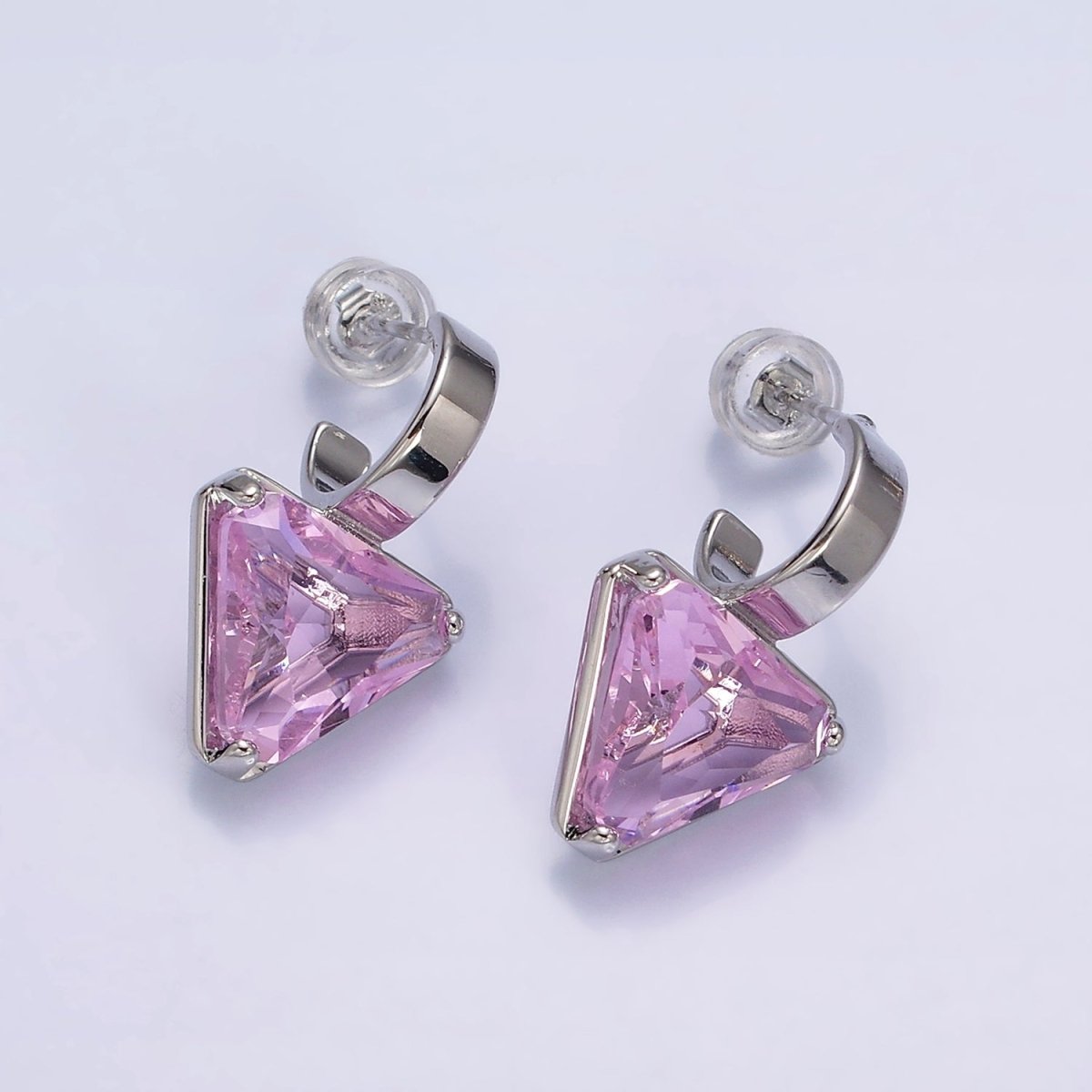 16K Gold Filled Clear, Blue, Red, Purple, Green, Pink CZ Triangle Drop C-Shaped Hoop Earrings in Gold & Silver | AD1026 - AD1037