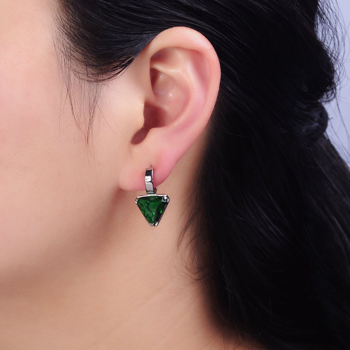 16K Gold Filled Clear, Blue, Red, Purple, Green, Pink CZ Triangle Drop C-Shaped Hoop Earrings in Gold & Silver | AD1026 - AD1037