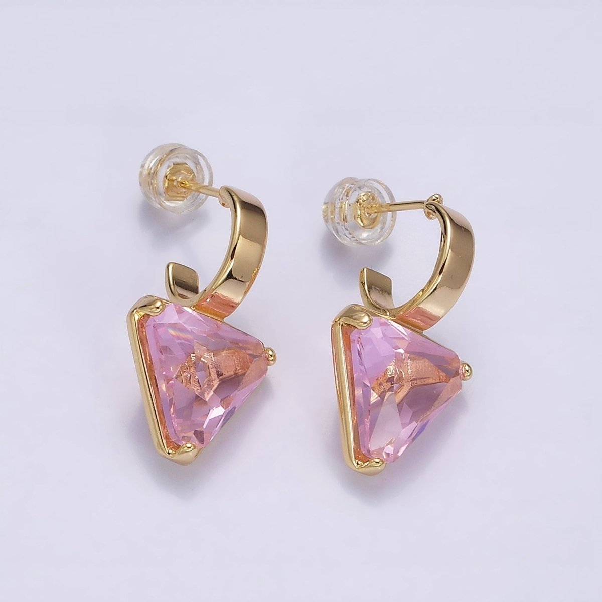 16K Gold Filled Clear, Blue, Red, Purple, Green, Pink CZ Triangle Drop C-Shaped Hoop Earrings in Gold & Silver | AD1026 - AD1037