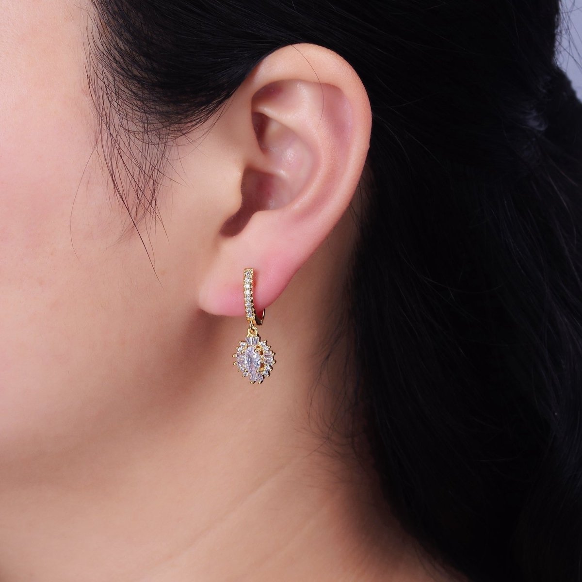 16K Gold Filled Clear Celestial Oval Baguette Drop Micro Paved English Lock Earrings in Gold & Silver | AD-419 AD-420