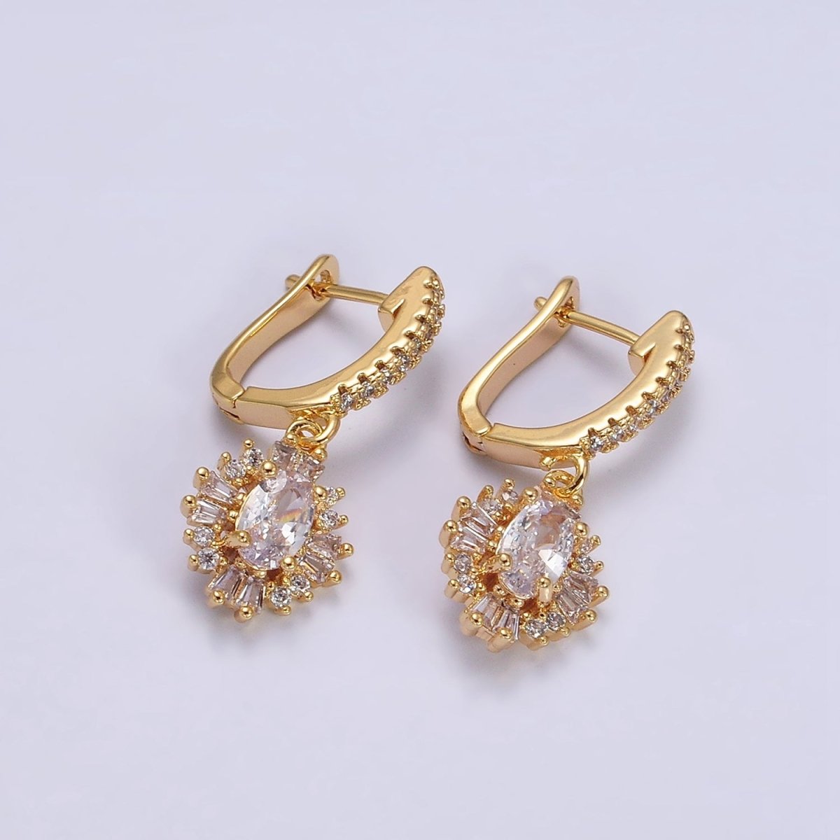 16K Gold Filled Clear Celestial Oval Baguette Drop Micro Paved English Lock Earrings in Gold & Silver | AD-419 AD-420