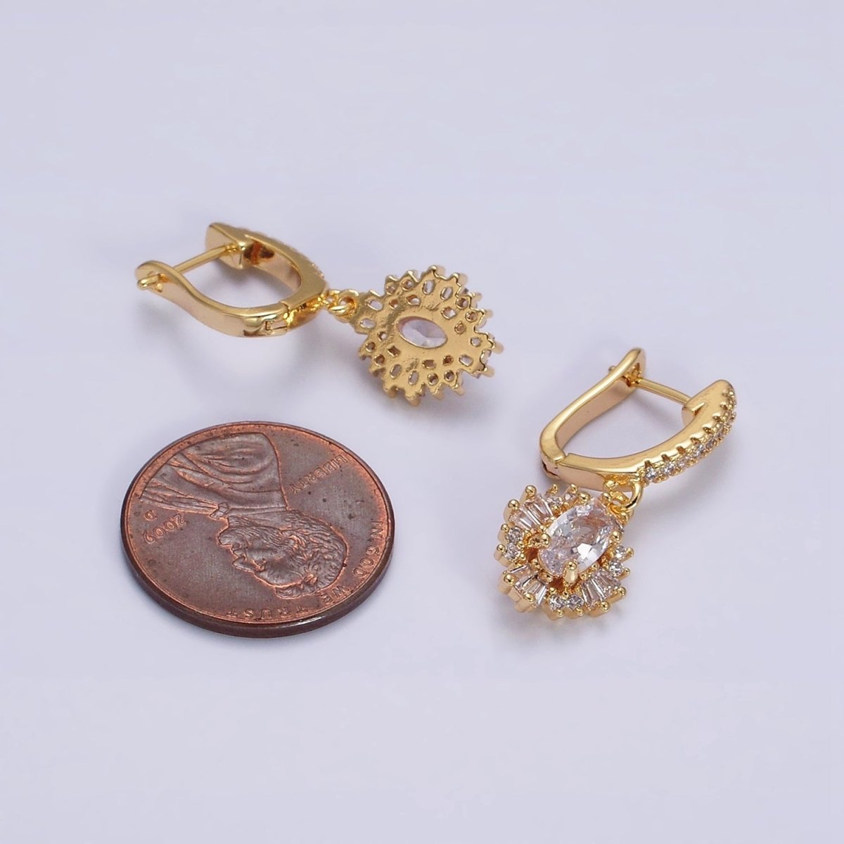 16K Gold Filled Clear Celestial Oval Baguette Drop Micro Paved English Lock Earrings in Gold & Silver | AD-419 AD-420