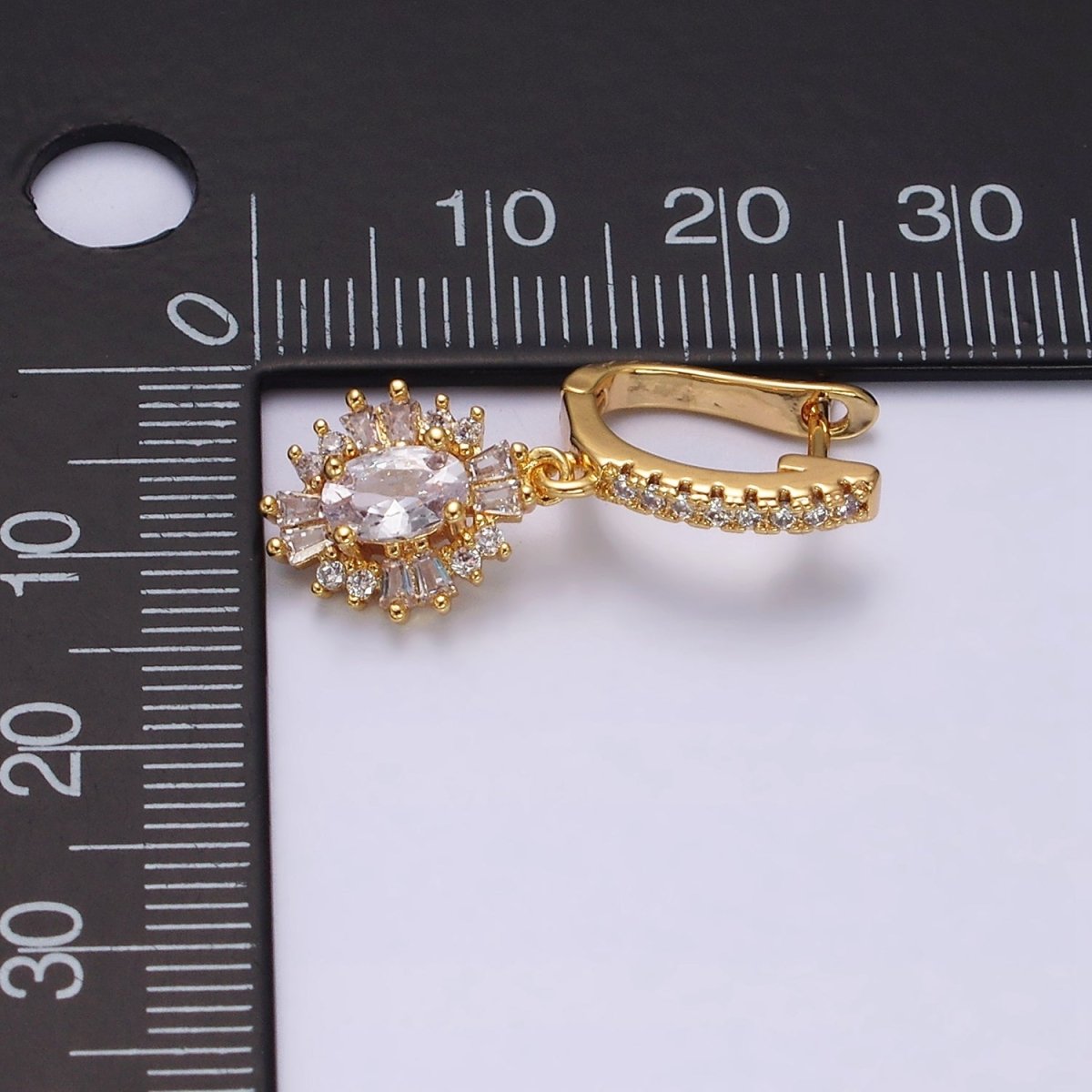 16K Gold Filled Clear Celestial Oval Baguette Drop Micro Paved English Lock Earrings in Gold & Silver | AD-419 AD-420